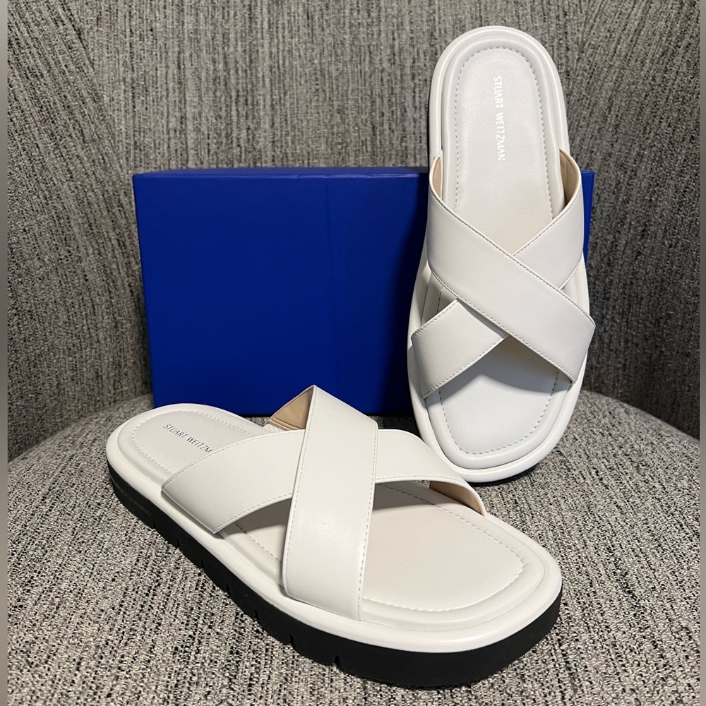 Stuart Weitzman Sandal Crossover 7.5 White Leather NEW Ladies